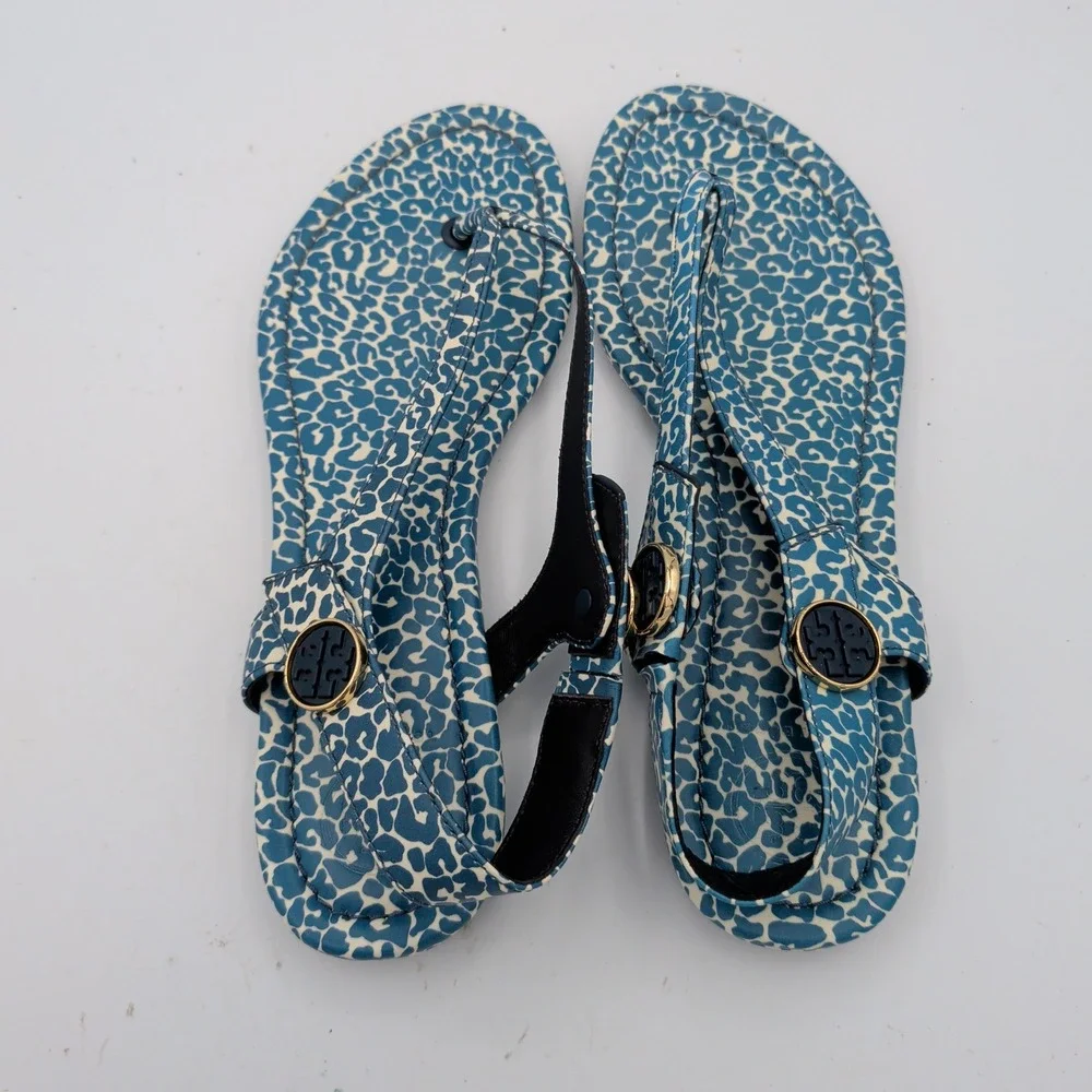 Tory Burch Minnie Travel Sandal Blue Leopard Print Leather Thong Slingback 8M
